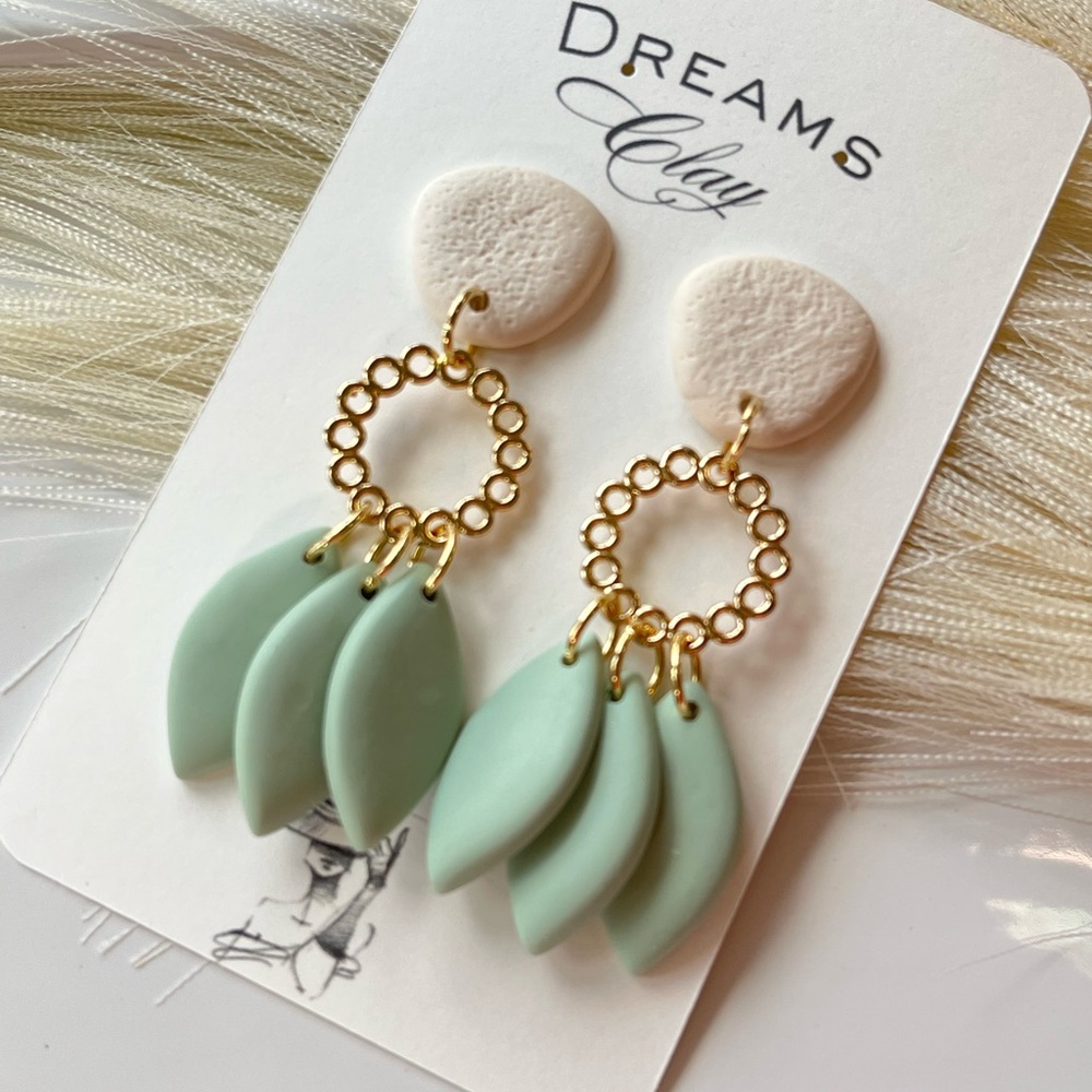 Mint Green Petal Drop Earrings - Gold Accent